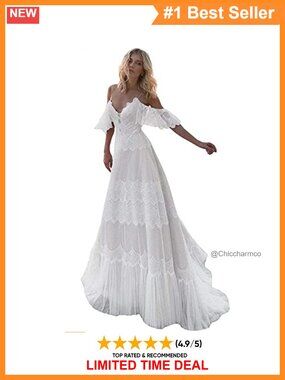 Chic Lace Wedding Dress V Neck Ruffle Sleeves Beachy Boho Gown